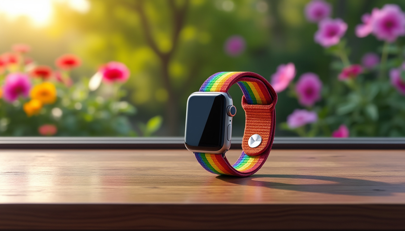 découvrez le nouveau bracelet sportif édition pride d'apple pour l'apple watch, conçu pour célébrer la diversité et l'inclusion. alliant style et performance, ce bracelet est parfait pour ceux qui souhaitent afficher fièrement leurs couleurs tout en restant actifs.