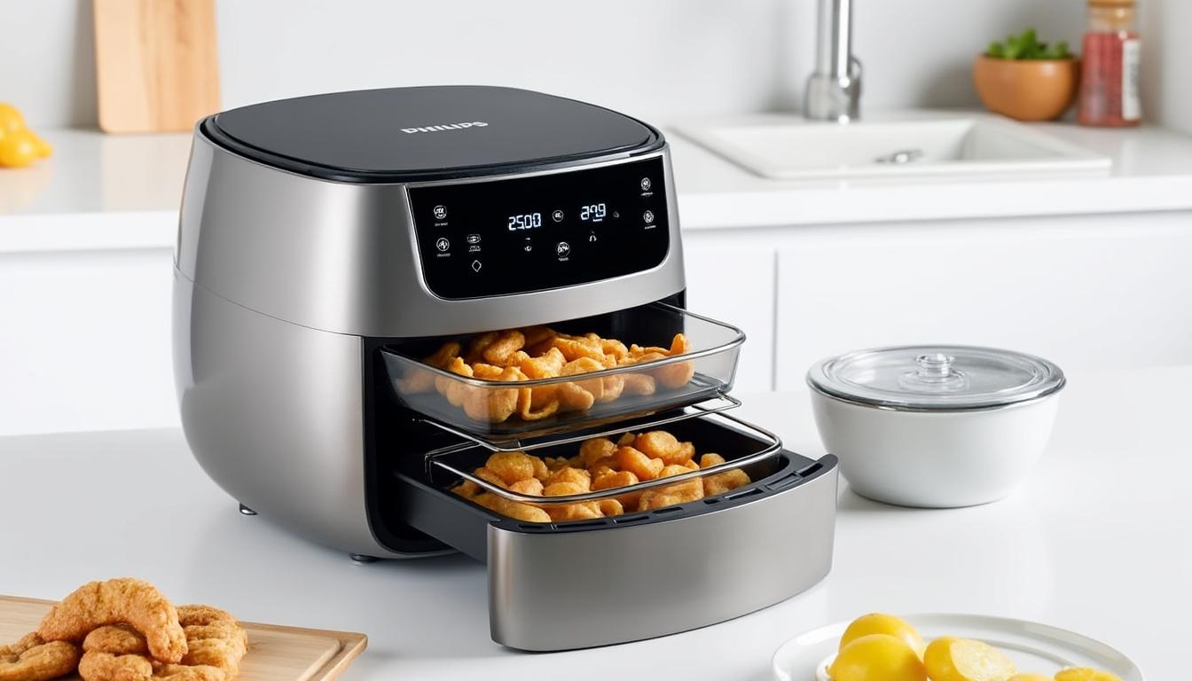 découvrez la friteuse à air philips à double panier, idéale pour des repas sains et savoureux. profitez également d'un ensemble petit déjeuner à prix mini pour démarrer vos matinées en beauté. ne manquez pas cette offre exceptionnelle !